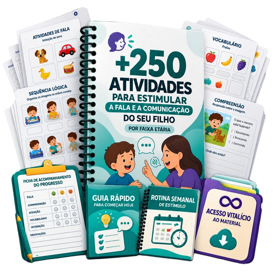 Material Fala em Casa: caderno de atividades, fichas de vocabulário, ficha de acompanhamento e bônus